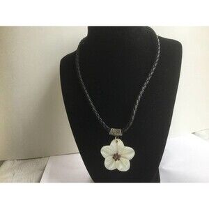 Black Leather Necklace with Shell Flower Pendant 925